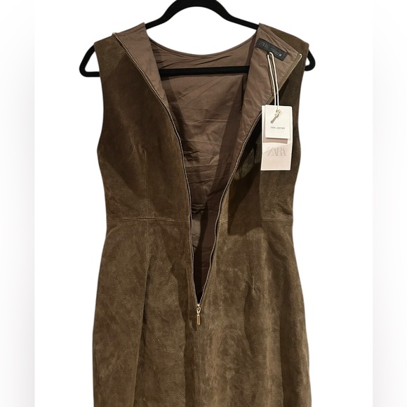 NWT Zara 100% Suede Leather Midi Dress - Khaki - Picture 11 of 16